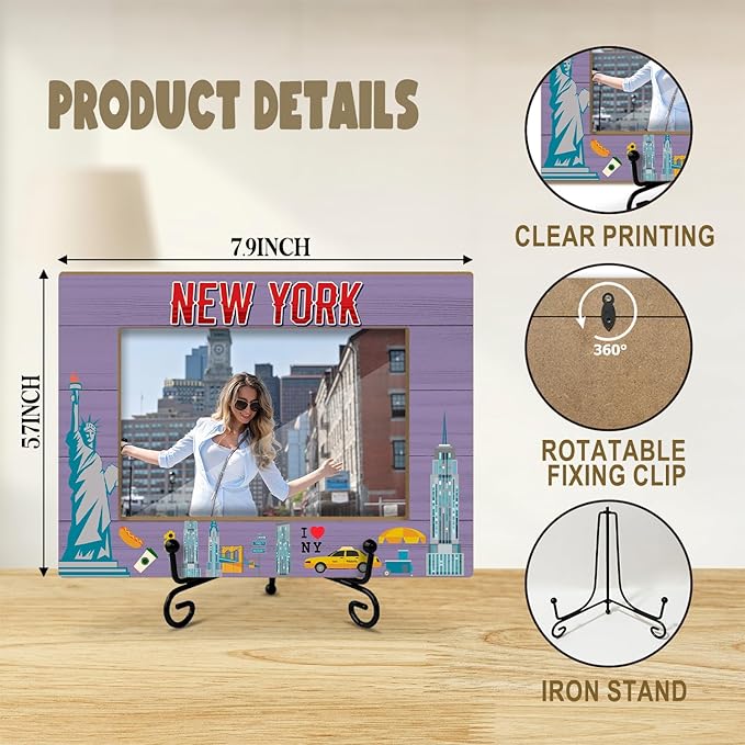 Lesixur New York Photo Frame with Iron Stand, Wedding Honeymoon Vacation Souvenir Gift for Couples Friends, 4x6 Wooden Picture Frame for Tabletop Desktop Display, Home Table Decor -045