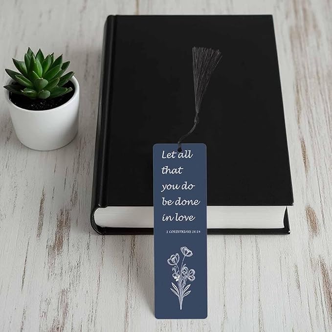Flower Love 5 Pcs Bookmarks Bible Verses Dark Blue Wooden Bookmarks with Tassel for Students Reader Teachers Book Lovers