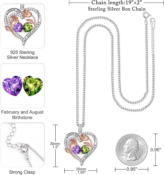 Iefil Valentines Day Gifts for Her - 925 Sterling Silver Rose Heart Birthstone Necklace Birthday Anniversary Jewelry Gifts for Her Wife Mom Daughter
