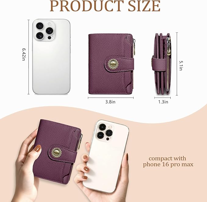 Small Wallet Women RFID Blocking Bifold, Credit Card Holder, Zipper Coin Pocket, PU Leather, Compact Travel, 4 ID Window, 14 Card Slots, Cash Purse, Ladies Woman Female Girls