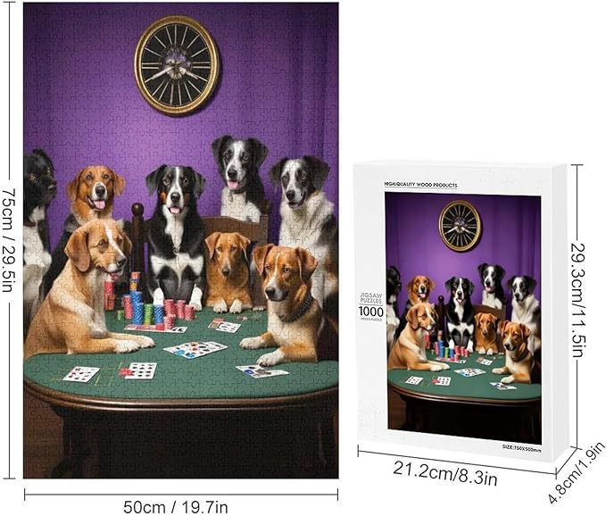 Wooden Puzzle - Dogs Playing Poker Jigsaw Puzzles，Wooden Puzzles for Adults 1000 Pieces Challenge Puzzles，Educational Games，Family Puzzles，Unique Gifts for Wall Art