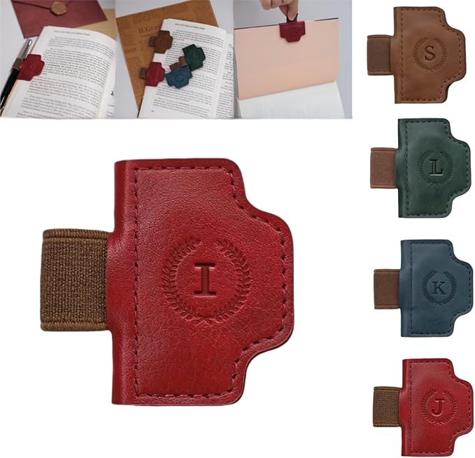 Personalized Magnetic Bygone Mark Bookmark with Pen Holder, 26 Letters Name Initial Custom Leather Book Mark for Women, Gifts for Book Lovers and Readers (Red,I)