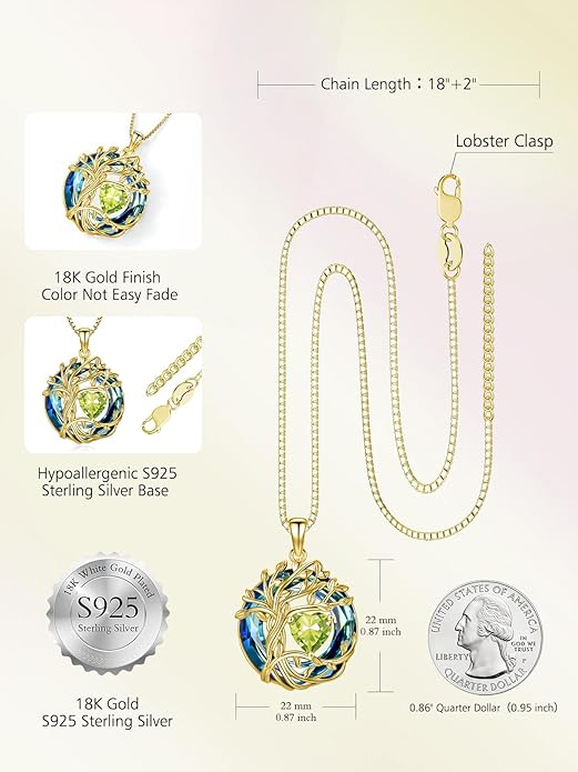 TOUPOP Tree of Life Birthstone Necklace 925 Sterling Silver Pendant Austrian Crystal Jewelry Anniversary Valentine's Day Birthday Gifts for Women Mom Her Wife