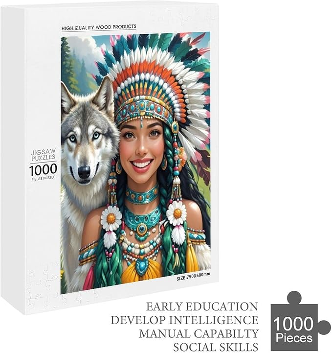 Wooden Puzzle - Indian Beauty & Wolf，Native American Jigsaw Puzzles，Wooden Puzzles for Adults 1000 Pieces Unique Gifts for Wall Art，Challenge Puzzles，Educational Games，Family Puzzles