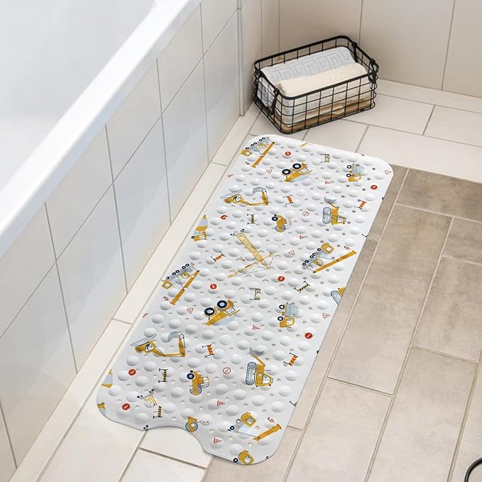 Lnond Kids Non-Slip Bathtub Mat, Extra Long PVC Bath Safety Mat with Strong Suction Cups, Soft & Comfortable, Easy to Clean, for Safer Family Bath Time (Yellow Excavator)