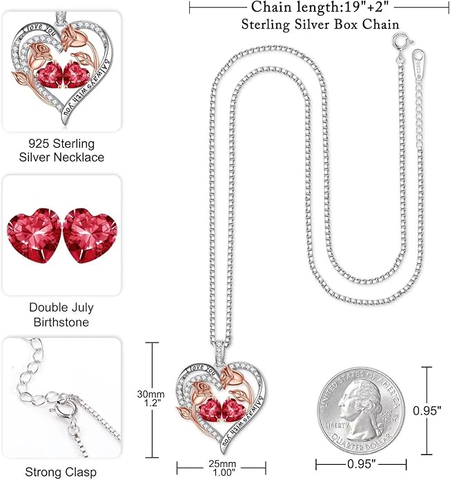 Iefil Valentines Day Gifts for Her - 925 Sterling Silver Rose Heart Birthstone Necklace Birthday Anniversary Jewelry Gifts for Her Wife Mom Daughter