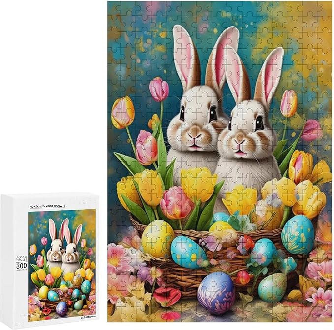 Wooden Puzzle - Easter Tulips Bunny Jigsaw Puzzles，Wooden Puzzles for Adults 300 Pieces Unique Gifts for Wall Art，Challenge Puzzles，Educational Games，Family Puzzles