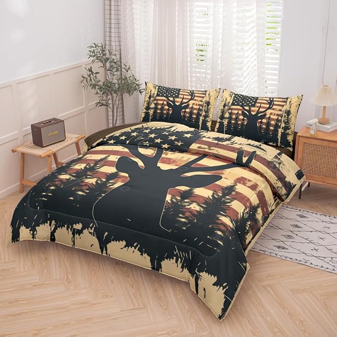Deer Comforter Set - Twin 5PCS with Sheets, American Flag Comforter Set for Hunter Bedroom Decor, Bedding Set for Boys, Adults, Teens