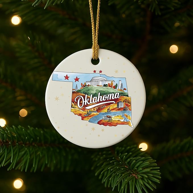 USA State Landmark Ceramic Ornament – Round Glossy Christmas Decoration Featuring U.S. State Art, Landmarks & Holiday Scenery – Collectible Travel Souvenir Ornament Series (Oklahoma)