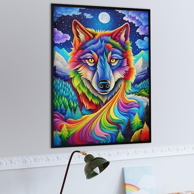 Wooden Puzzle - Colorful Wolf Jigsaw Puzzles，Wooden Puzzles for Adults 1000 Pieces Challenge Puzzles，Educational Games，Family Puzzles，Unique Gifts for Wall Art,Funnny Puzzles