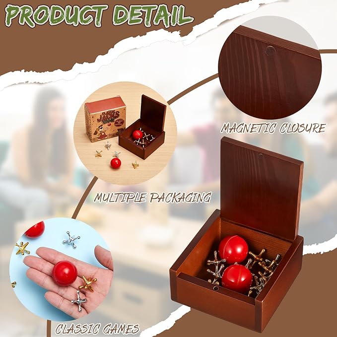 Gejoy 3 Packs Metal Jacks Set with 36 Metal Jacks and 6 Red Rubber Balls in Wooden Box Retro Jackstones Game for Adults Christmas End of Year Family Gatherings Gifts Birthday Party Favors