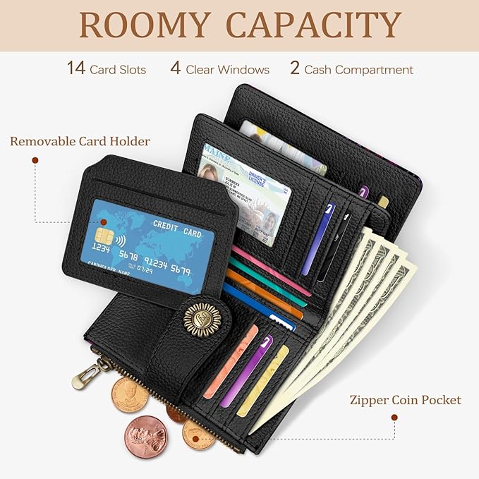 Goth Gothic Small Wallet Women RFID Blocking Bifold, Credit Card Holder, Zipper Coin Pocket, PU Leather, Magic Witchy, Compact, Travel, 4 ID Window, 14 Card Slots, Cash Purse, Ladies Woman