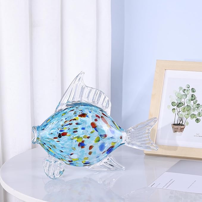 Large Glass Fish Figurine for Home Decor, Hand Blown Art Glass Ocean Animal Statue, Decorative Coastal and Beach Themed Sculpture for Table, Shelf, Bathroom, Living Room or Office