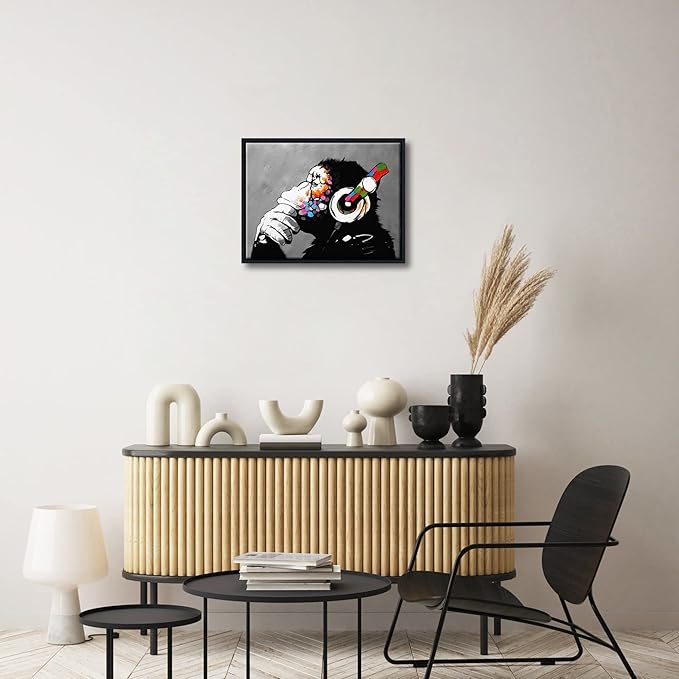Wieco Art Black Framed Monkey With Headphones Banksy Graffiti Art Abstract Canvas Paintings Prints Animal Canvas Wall Art for Wall Decor and Home decorations Office Decor