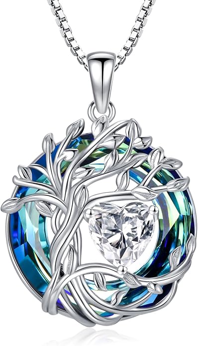 TOUPOP Tree of Life Birthstone Necklace 925 Sterling Silver Pendant Austrian Crystal Jewelry Anniversary Valentine's Day Birthday Gifts for Women Mom Her Wife