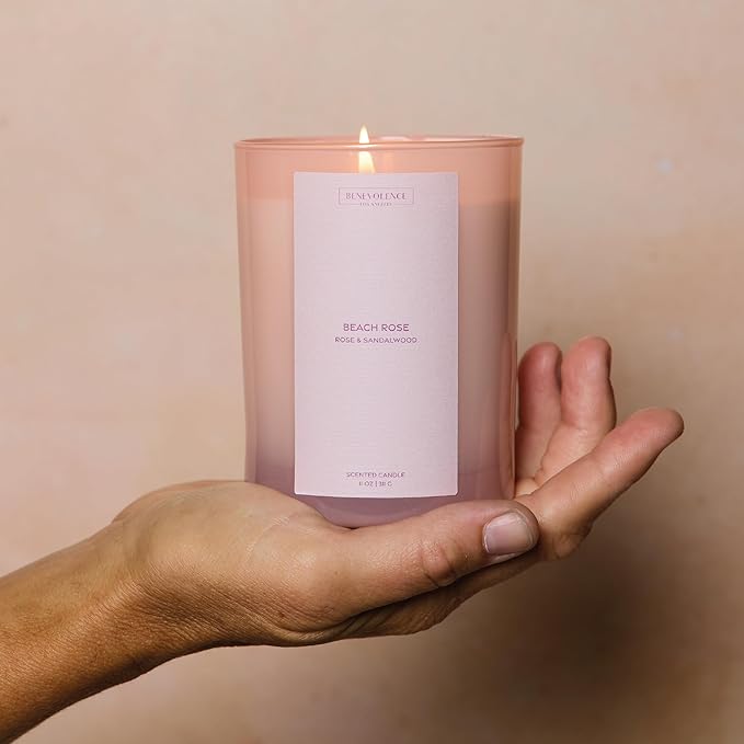 Rose & Sandalwood Scented Candle | 11oz, 60 Hour Burn | Natural Soy Wax, Cotton Wick | Soy Scented Candles for Home Fragrance | Benevolence LA Sun-Kissed Collection - Beach Rose