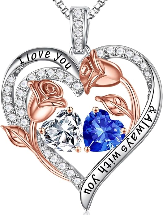 Iefil Valentines Day Gifts for Her - 925 Sterling Silver Rose Heart Birthstone Necklace Birthday Anniversary Jewelry Gifts for Her Wife Mom Daughter