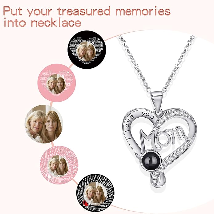 SUPHELPU Personalized Mother's Day Gifts for Mom From Daughter - Custom Photo Necklace With Picture Inside - Projection Necklace for Mom - Memorial Gift