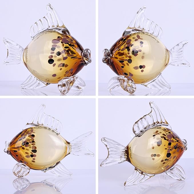 Amber Gold Blown Glass Fish Figurine – Handcrafted Art Glass Animal Sculpture, Ocean Coastal Home Decor, Elegant Ornament for Tabletop or Bookshelf Display (H)
