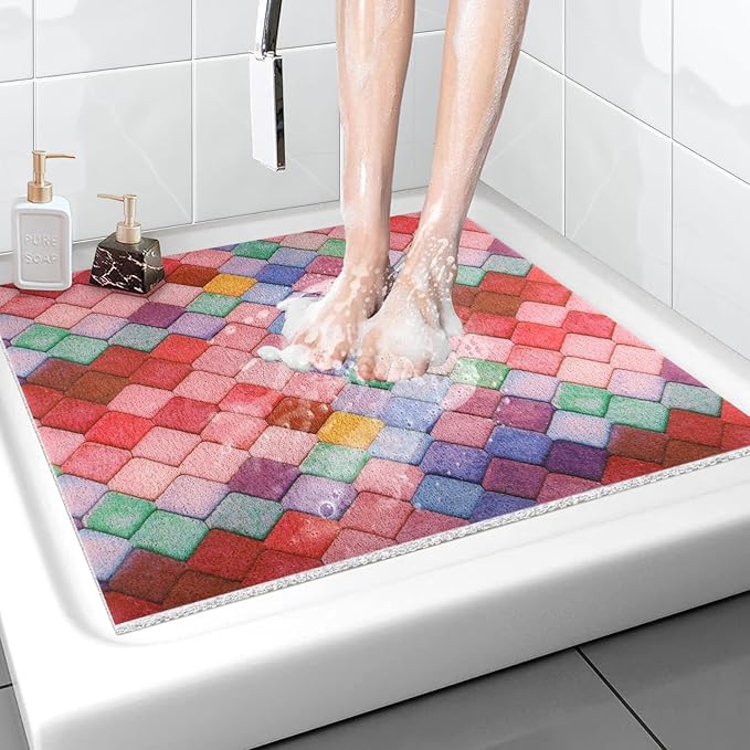 Shower Mat Bathtub Mat Non-Slip - 32x32 Inch, Soft Comfort Bath Mat with Drainage Holes, PVC Loofah Massage Bathmat for Shower, Tub, Bathroom, Wet Areas, Quick Drying