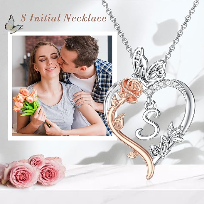 TOUPOP Rose Heart Necklaces Gifts for Women 925 Sterling Silver Butterfly Heart Initial Necklace Anniversary Valentines Day Birthday Jewelry Gifts for Mom Her Wife Girlfriend Daughter