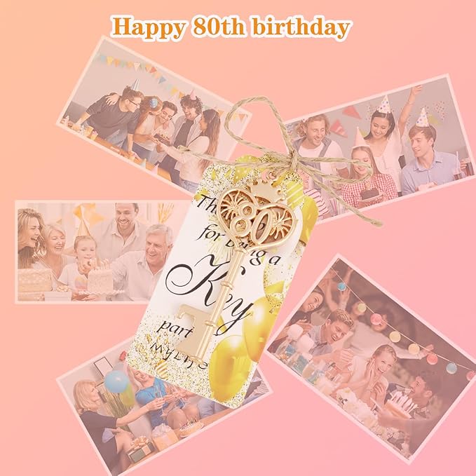 24 Sets 80 Birthday Party Favors Key Bottle Opener, 80th Beer Opener Keychain Favors for Guest with Organza Bags and Tags,Beer Keychain Bottle Openers for Birthday Party Decoration Supplies (gold-80)