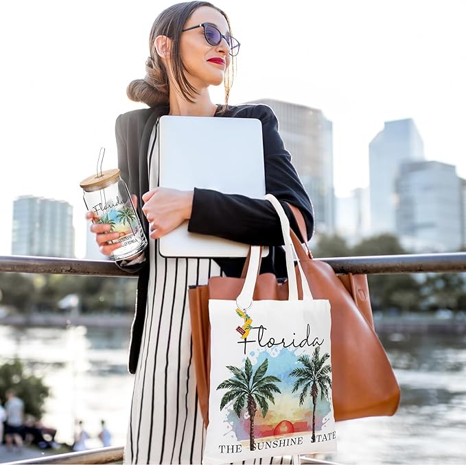 Chuangdi 4 Pcs Florida Travel Gifts Set Canvas Bag Cosmetic bag 16 oz Tumbler and Keychain Florida City Souvenirs for Christmas Traveler Friend Lover Sister Gifts