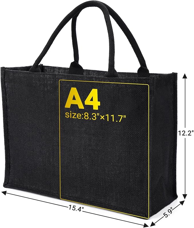 Segarty Tote Bags, 6 Pack Large Black Burlap Jute Reusable Canvas Gift Favors Bag with Handles Blank Tote Bulk for Bridesmaid Wedding, Women Market Grocery Shopping, Bachelorette Party, Beach Trip