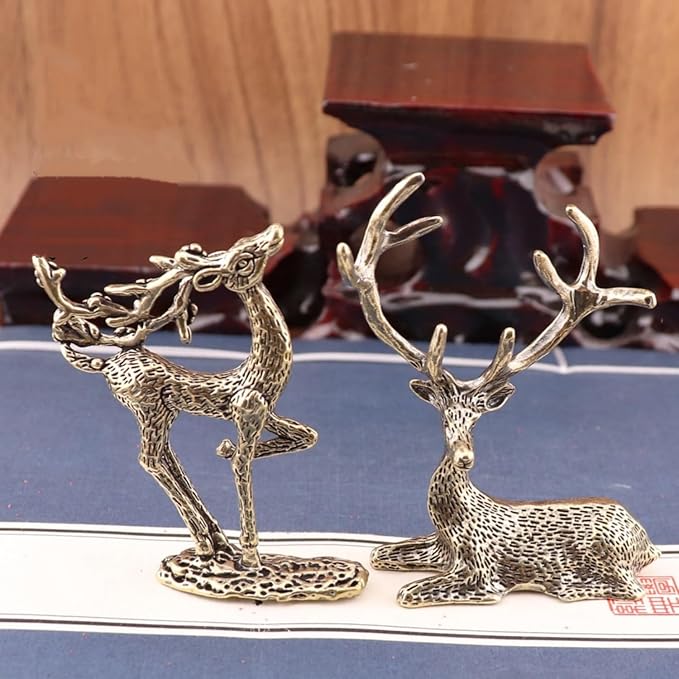 Christmas Brass Deer Figurines,Mini Solid Brass Statue,2Pcs Miniature Deer Statues for Christmas Decor, Home Decorations