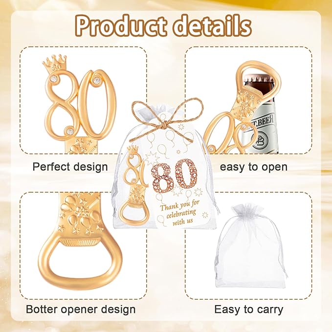 50Pcs 80th Birthday Bottle Opener Set 80th Birthday Party Favors 80th Golden Bottle Openers Personalized Party Favors Wedding Anniversaries Souvenirs Favors For Guests Party