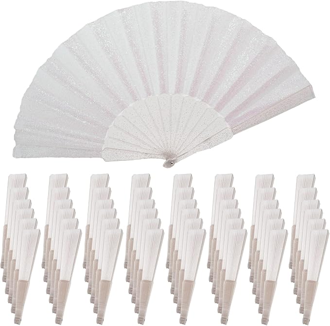 48 Pack Handheld Fan,Folding Hand Glitter fan with Shining Transparent Fan Rib – Ideal for Wedding, Church, Festival, Dance, Tea Party, Club, and EDM Accessories, White