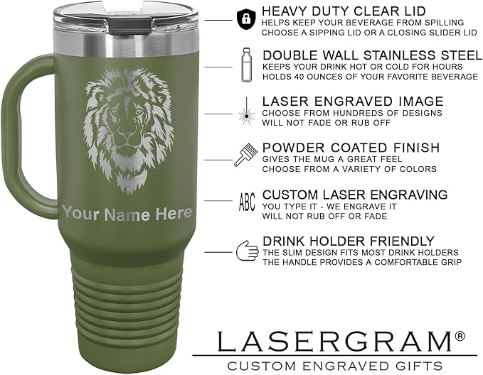 LaserGram 40oz Vacuum Insulated Travel Mug with Handle, Starfish, Personalized Engraving Included (Camo Green)