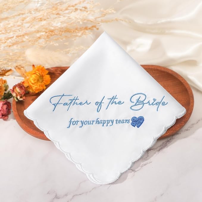Wedding Handkerchief Something Blue for Bride, Mother Father of the Brides Groom Gifts, Embroidered Happy Tears Cotton Hanky