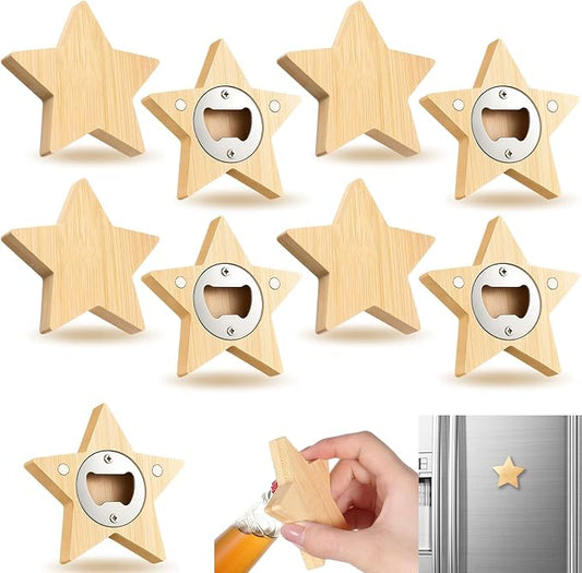 Vesici 24 Pcs Magnetic Bottle Opener 2.5in DIY Bamboo Star Shape Beer Openers Wooden Fridge Magnet Refrigerator Sticker Gift for Beer Lover Wedding Guest Kitchens Bars Parties