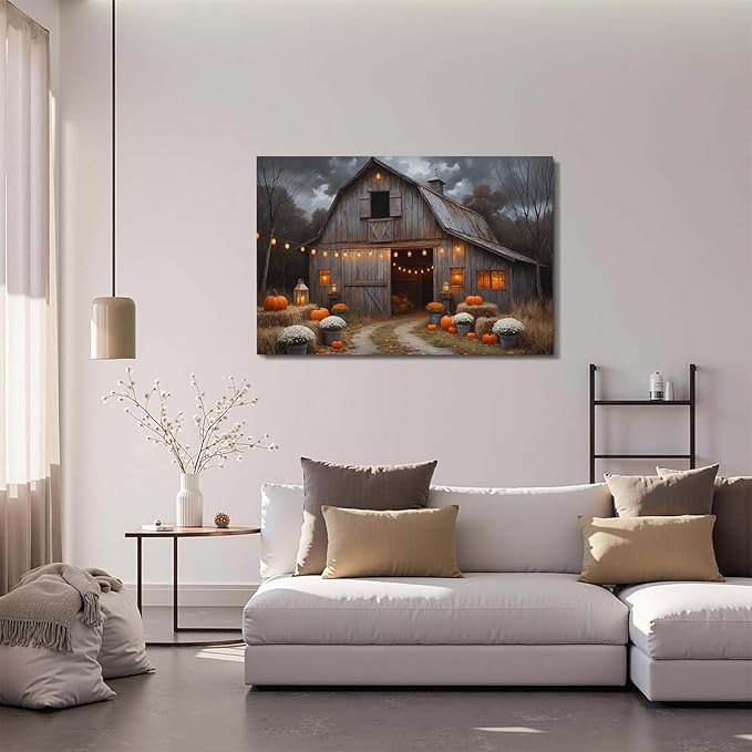 Vintage pumpkin hydrangea barn print abstract nature country artwork home decor farmhouse canvas poster28x40in(70x100cm)- Unframed