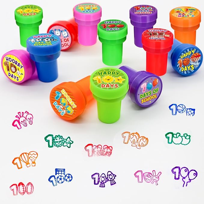 Cinrobiye 24 Pcs Happy 100th Day Party Stampers for Boys Girls,100th Day of School Party Supplies Favors, Classroom Rewards Carnival Prizes, Goodie Bag Pinata Fillers for 100 days of school (100 day)