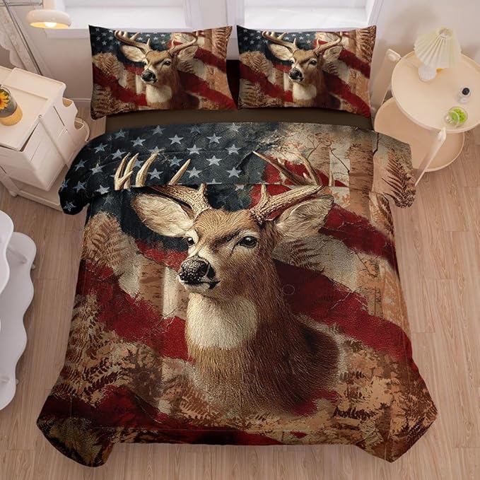 5PCS Deer Comforter Sets Full,Boys Camo Bedding Full,American Flag Comforter,Camo Bed Set for Boys,Adults,Teens