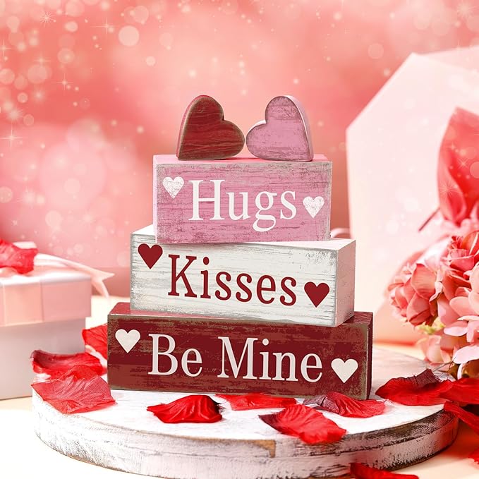 4 Pcs Valentine's Day Table Decorations Wooden Heart Valentine Tiered Tray Decor Valentine Day Centerpiece Rustic Decorative Heart Block Signs Gift Farmhouse Valentines Decor for Home Kitchen