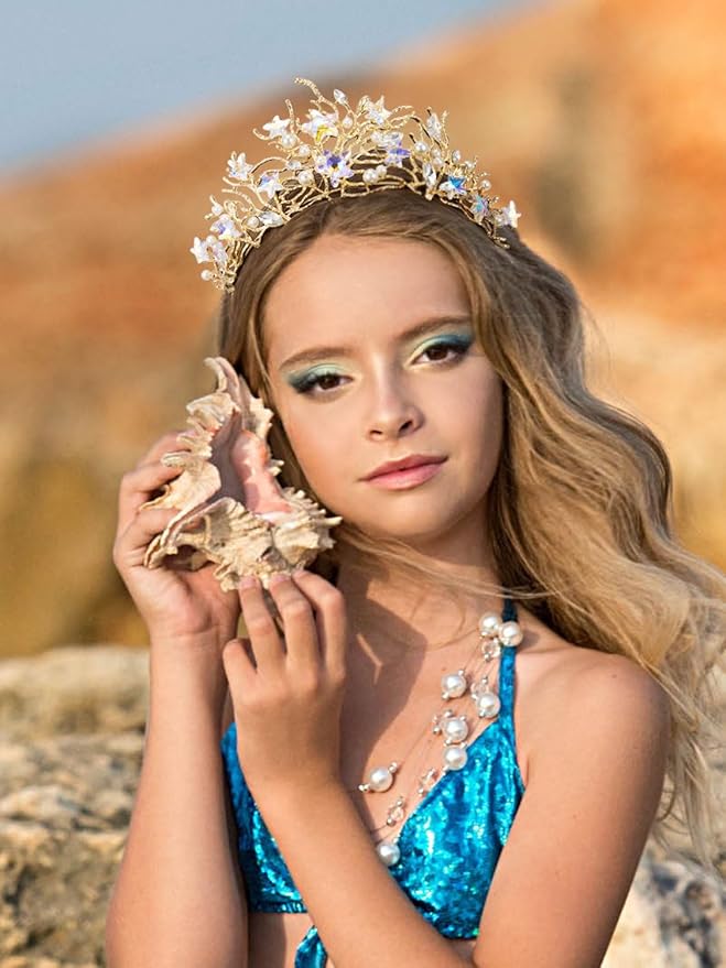 SWEETV Mermaid Tiara for Girls Women, Gold Princess Crown Diadem, Jeweled Headpiece Costume Hair Accessories for Birthday Prom Quinceanera Halloween