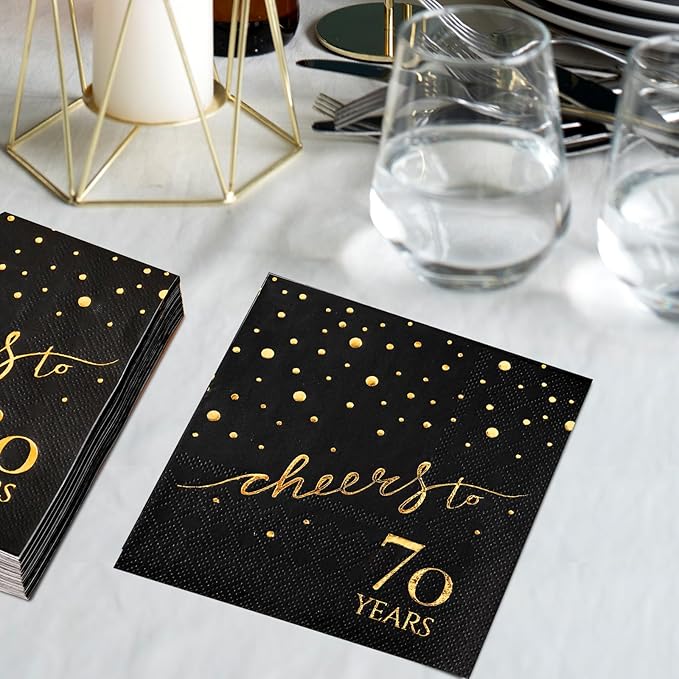 100 Pack of 70th Birthday Napkins, Cheers to 70 Cocktail 5x5 Inches Party Paper Napkins for Birthday Decorations Wedding Anniversary Black and Gold, 3-Ply