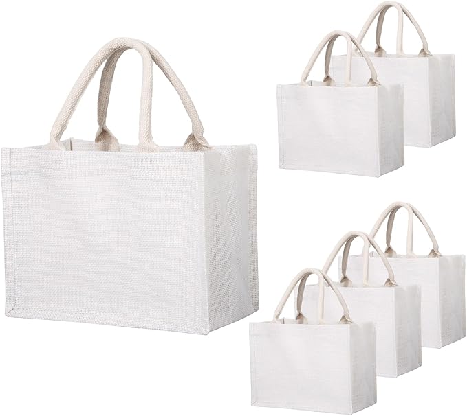 Segarty Jute Tote Bag, 6 Pack Small White Reusable Burlap Canvas Gift Favors Bags with Handles Blank Tote Bulk for Bridesmaid Wedding, Bachelorette Party, Beach Trip, Women Market Grocery Shopping