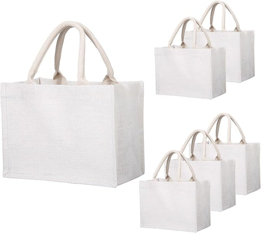 Segarty Jute Tote Bag, 6 Pack Small White Reusable Burlap Canvas Gift Favors Bags with Handles Blank Tote Bulk for Bridesmaid Wedding, Bachelorette Party, Beach Trip, Women Market Grocery Shopping