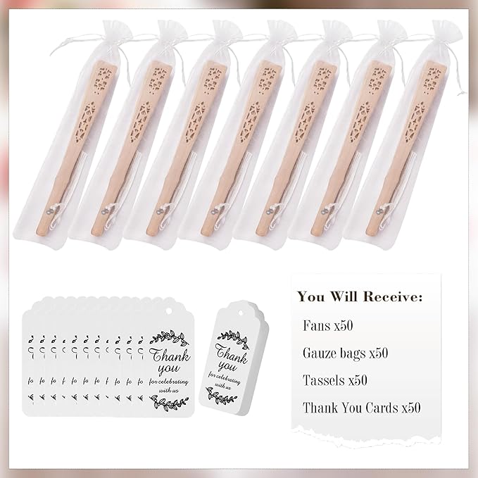 50 Pcs Wedding Fans Engraved Wooden Folding Hand Fans with Organza Bags, Wedding Party Favors for Guests, Bridal Shower & Summer Outdoor Ceremony (Style1,50)