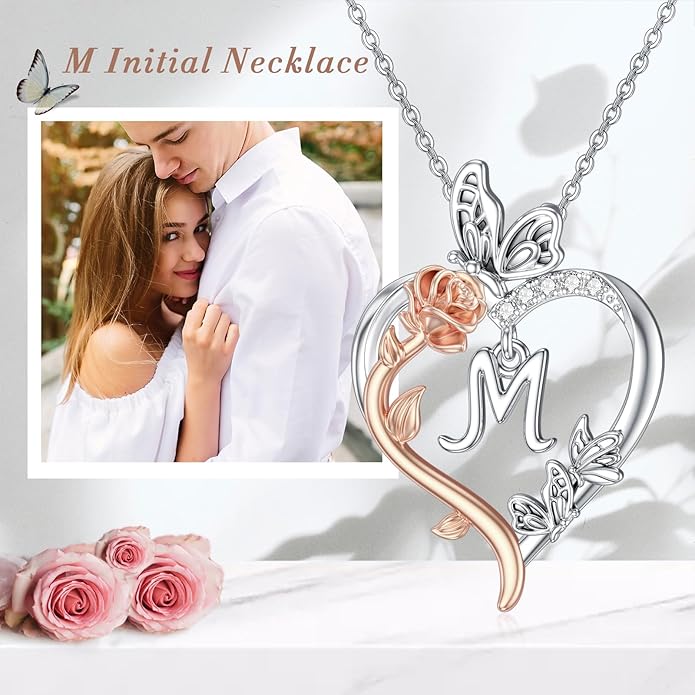 TOUPOP Rose Heart Necklaces Gifts for Women 925 Sterling Silver Butterfly Heart Initial Necklace Anniversary Valentines Day Birthday Jewelry Gifts for Mom Her Wife Girlfriend Daughter