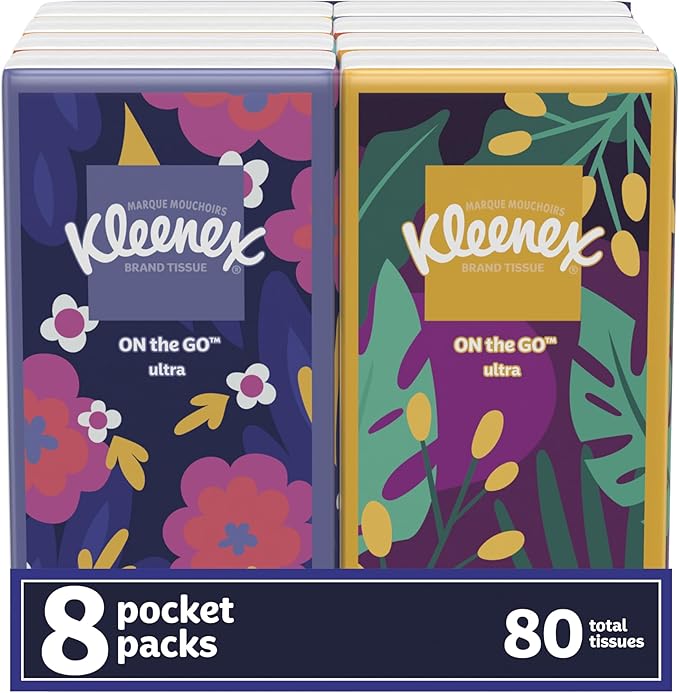Kleenex On-The-Go Facial Tissues, 8 On-The-Go Packs, 10 Tissues per Box, 3-Ply (80 Total), Packaging May Vary (Pack of 96)
