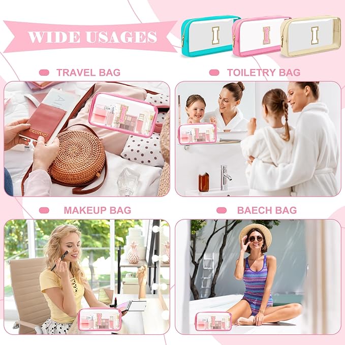 Personalized Initial Letter Clear Makeup Bag,Preppy Small Nylon&PVC Cosmetic Zipper Bag with Chenille Letter,Portable Beach Travel Skincare Toiletry Bag,Trendy Monogram Gift for Teen Girls Women,I
