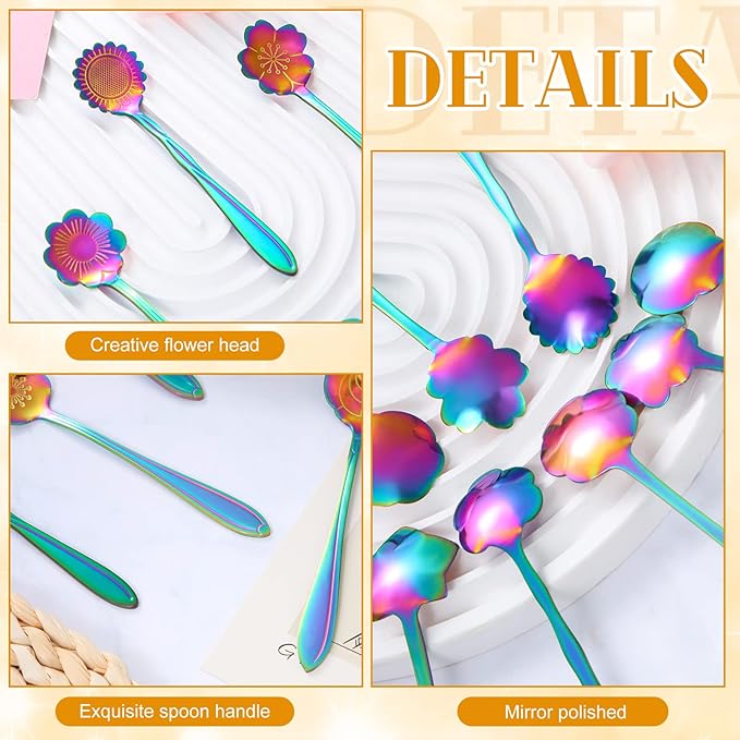 EBOOT 40 Pcs Rainbow Flower Teaspoon Stainless Steel Tea Party Spoons Mini Cute Teaspoon for Stirring Coffee Sugar Drink Demitasse Kitchen Bar Tableware Party Favors Decorations