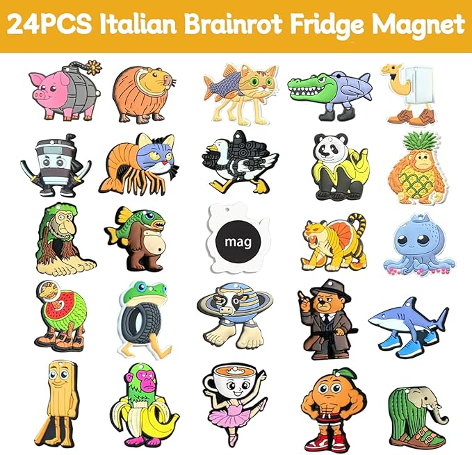 Italian Brainrot Refrigerator Magnets, 24-Pack — Soft Rubber Magnetic Set for Fridge/Whiteboard/Locker, Assorted Multicolor Home & Office Décor (24)