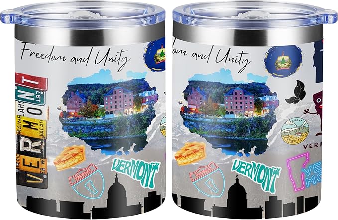 12oz Coffee Mug Vermont State Insulated Coffee Cups, United States Map Travel Mug Landmark, Birthday Gifts Cute Mugs with Lid and Straw Gifts for Mom