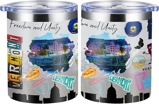 12oz Coffee Mug Vermont State Insulated Coffee Cups, United States Map Travel Mug Landmark, Birthday Gifts Cute Mugs with Lid and Straw Gifts for Mom